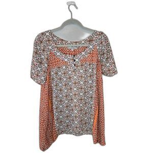 NY Collection Women's Orange and White Boho Shosrt Sleeve Blouse Size Medium